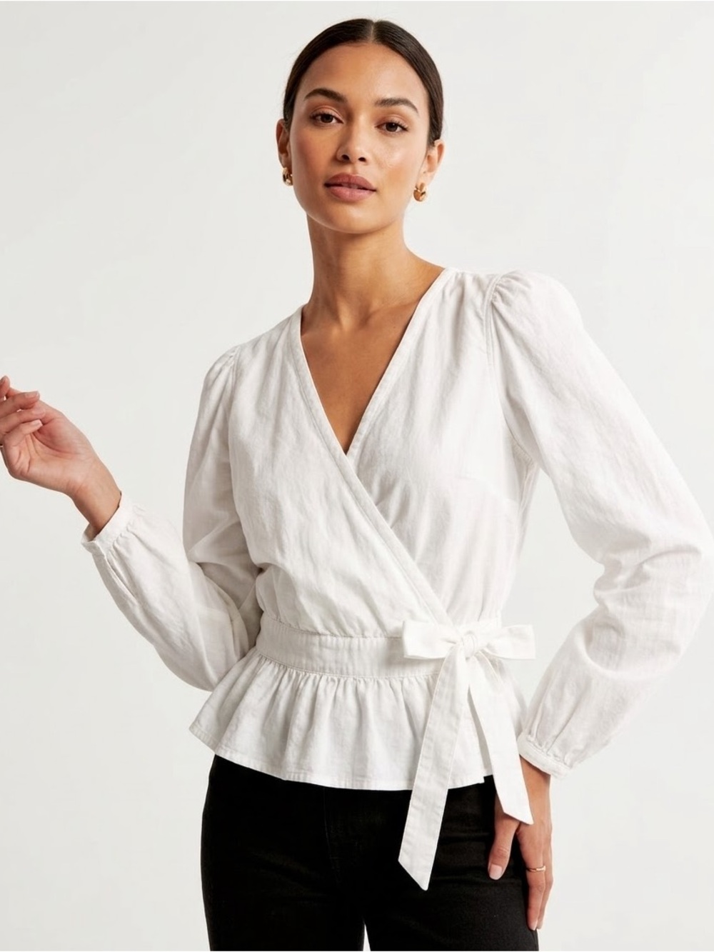 Madewell White Puff Sleeve Peplum Wrap Top Side Tie Medium Cotton Modal